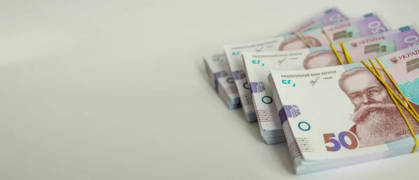 Bundels Van Hryvnia Bankbiljetten Zijn Gestapeld Een Lichtgrijze Achtergrond Financieel — Stockfoto