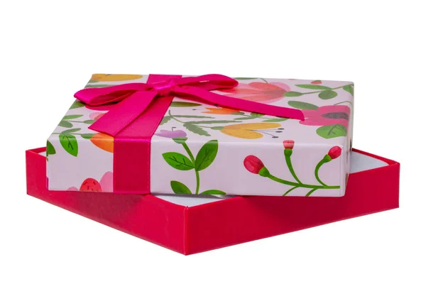 Gift Box Isolated Close Present Gift Box Floral Pattern Ribbon — Stock Photo, Image