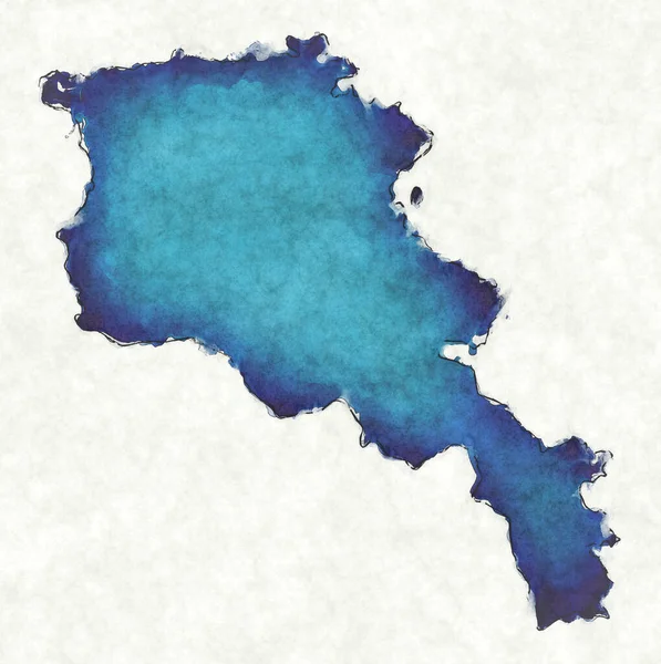 Armenien Karte Mit Gezeichneten Linien Und Blauer Aquarellillustration — Stockfoto