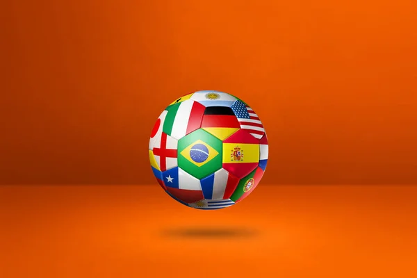 足球球与国旗隔离在橙色工作室背景 3D插图 — 图库照片