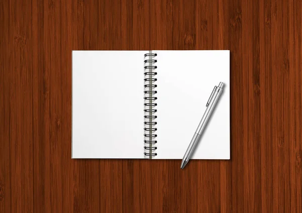 Mockup Notebook Espiral Branco Aberto Caneta Isolada Fundo Madeira Escura — Fotografia de Stock