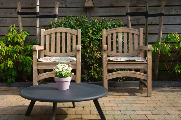 Cozy Seating Area Garden Modern Home Spring Wooden Seats Colorful — Stock Photo, Image