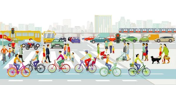 Stadslandskap Med Människor Cykel Bilar Och Andra Cyklar — Stockfoto