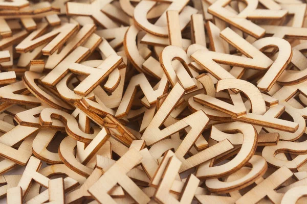 Top View Closeup Detail Macro Pile Wooden Cut Small Alphabet — Stock Photo, Image