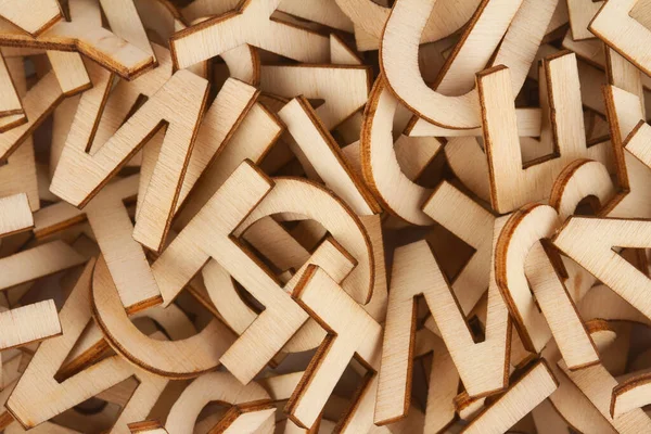 Top View Closeup Detail Macro Pile Wooden Cut Small Alphabet — Stock Photo, Image