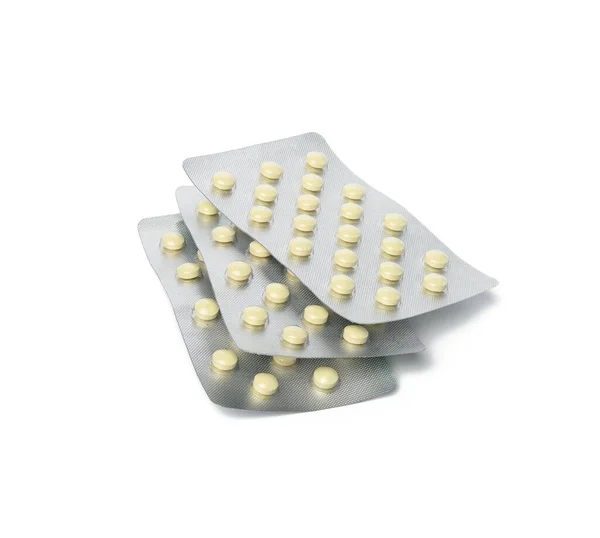 Två Förpackningar Med Runda Tabletter Blisterförpackning Isolerade Vit Bakgrund Närbild — Stockfoto