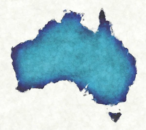 Australië Kaart Met Getrokken Lijnen Blauwe Aquarel Illustratie — Stockfoto