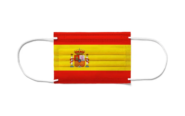 Bandeira Espanha Com Uma Máscara Cirúrgica Descartável Fundo Branco Isolado — Fotografia de Stock