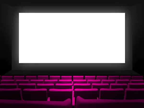 Cinema Movie Theatre Pink Velvet Seats Blank White Screen Copy — Stock Photo, Image