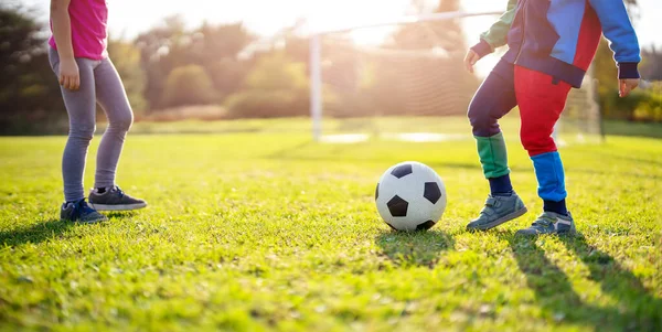 Niños Jugando Fútbol Campo Con Puertas Activo Chico Chica Verano — Foto de Stock