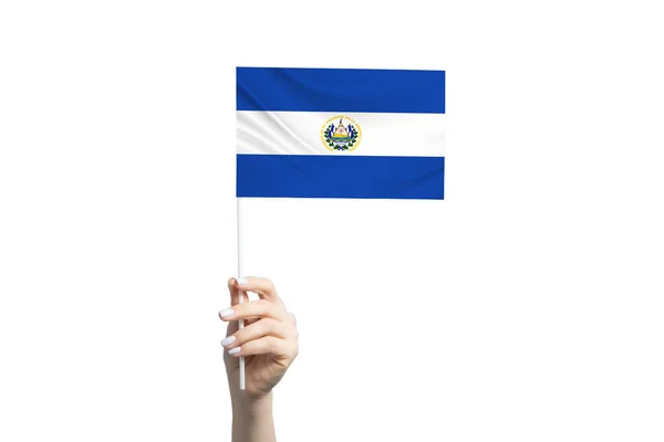 Hermosa Mano Femenina Sosteniendo Bandera Salvador Aislada Sobre Fondo Blanco — Foto de Stock