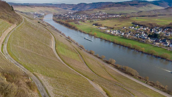Légi Kilátás Folyóra Moselle Völgy Szőlőültetvények Falvak Brauneberg Muelheim — Stock Fotó