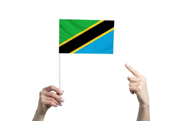 Vacker Kvinnlig Hand Håller Tanzania Flagga Som Hon Visar Fingret — Stockfoto