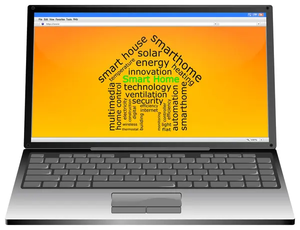 Bärbar Dator Med Smart Home Wordcloud Orange Skrivbord Illustration — Stockfoto