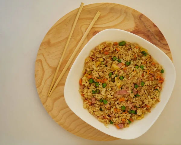 Special Fried Rice White Dish Asian Chopsticks Wooden Plate Top — Stock Photo, Image