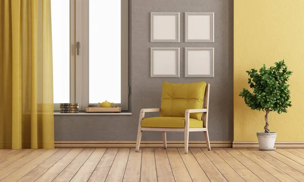 Quarto Cinza Amarelo Com Poltrona Grande Janela Renderização — Fotografia de Stock