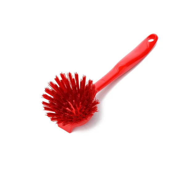 Rote Kunststoffbürste Mit Griff Zur Reinigung Isoliert Auf Weißem Hintergrund — Stockfoto