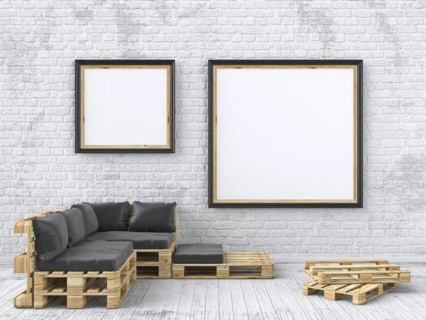 Mock up two photo frames with wooden pallets furniture, floor and brick wall 3D render illustration