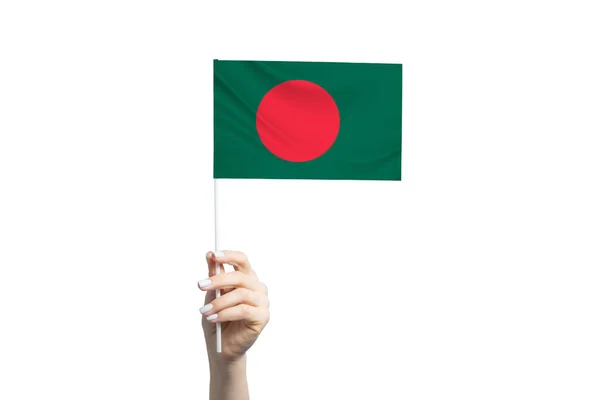 Hermosa Mano Femenina Sosteniendo Bandera Bangladesh Aislada Sobre Fondo Blanco —  Fotos de Stock