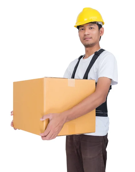 Χαμογελώντας Άνθρωπος Σηκώνει Ένα Χαρτονένιο Κουτί Φορώντας Ζώνη Υποστήριξης Για — Φωτογραφία Αρχείου