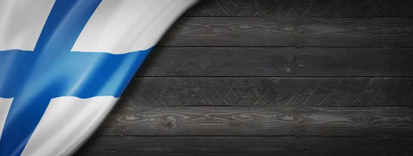 Finland Vlag Zwarte Houten Muur Horizontale Panoramische Banner — Stockfoto