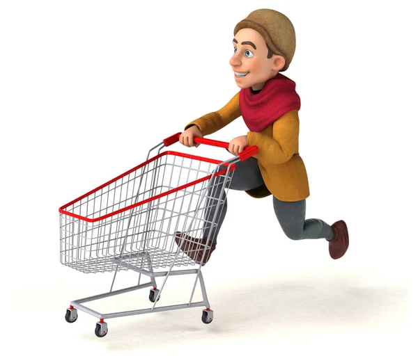 ショッピングカートで楽しい漫画のキャラクター — ストック写真