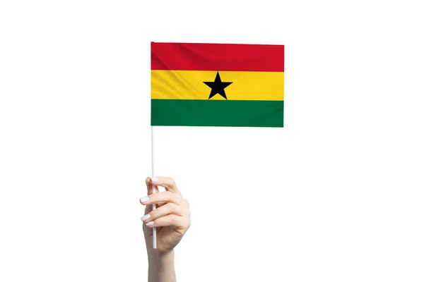 Vacker Kvinnlig Hand Håller Ghana Flagga Isolerad Vit Bakgrund — Stockfoto