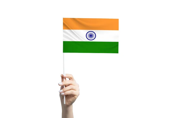 Mooie Vrouwelijke Hand Houden India Vlag Geïsoleerd Witte Achtergrond — Stockfoto