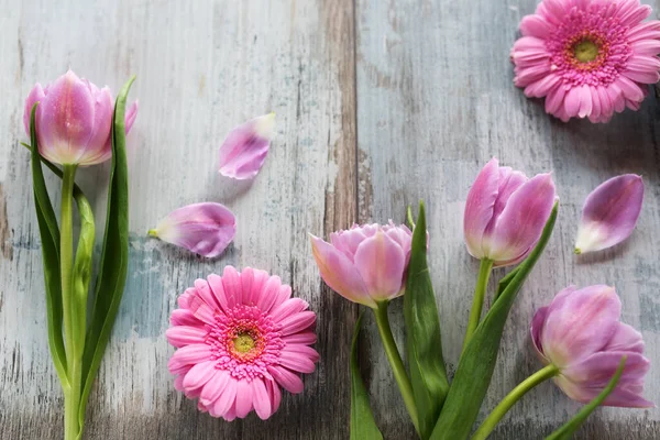 Fotografía Plana Con Tulipanes Rosados Gerberas Sobre Madera Vintage Gris — Foto de Stock