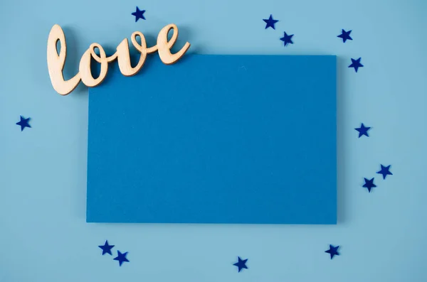 Attrappe Einer Grußkarte Leere Karte Und Beschriftung Liebe Auf Blauem — Stockfoto