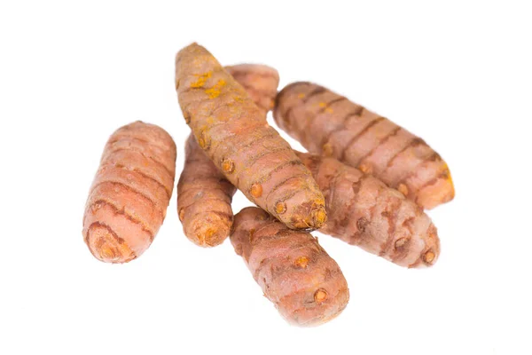 Curcuma Rötter Och Pulver Isolerad Vit Bakgrund — Stockfoto