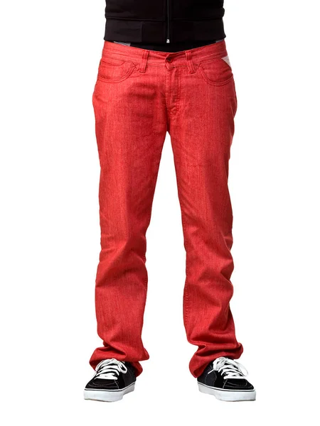 Gros Plan Homme Jeans Pantalon Rouge Isolé Sur Fond Blanc — Photo