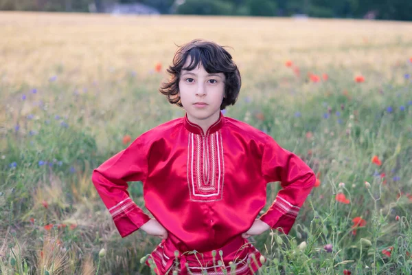 Portrait Boy Field Wild Flowers Boy Dressed Russian Peasant Shirt — Stock Photo, Image