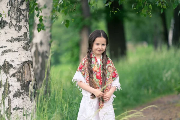 Портрет Маленькой Красивой Девочки Березовой Роще Плечи Покрыты Платком Традиционными — стоковое фото