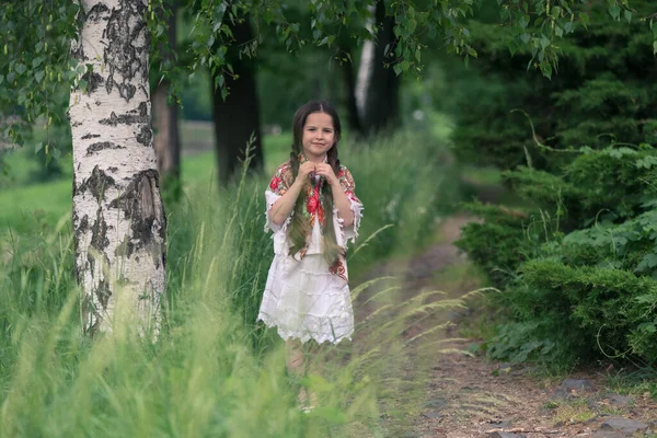 Porträtt Liten Vacker Flicka Björklund Hennes Axlar Täckta Sjal Med — Stockfoto