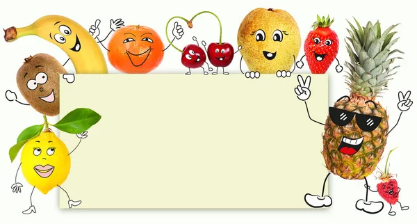 Fruits Cartoon Character Hold Sign Place Advertising — Stock Photo, Image