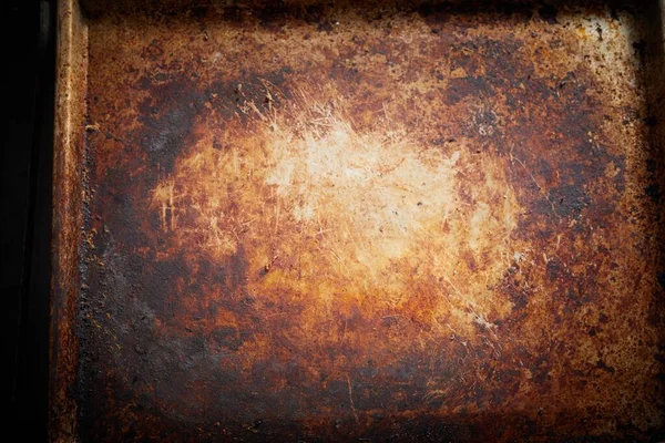 Old Stained Vintage Empty Metal Tray Background Texture Oven Baking — Stock Photo, Image