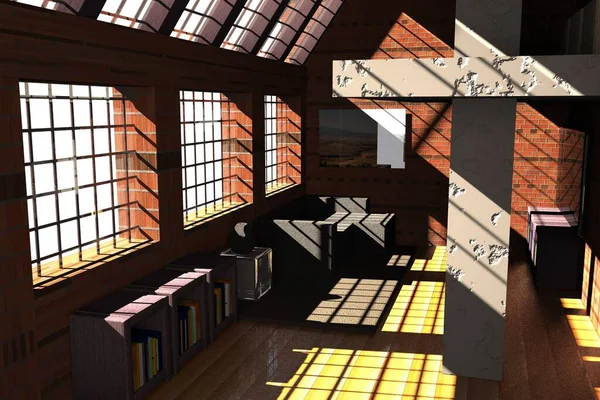 Мансарда Великими Вікнами Під Сонячним Світлом Візуалізація — стокове фото