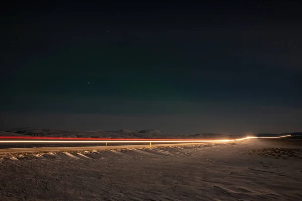 Длительное Ночное Освещение Автомобилей Острове Исландия — стоковое фото
