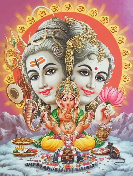 Lord Vishnu Lady Lakshmi Elefante Ganesha Prosperità Induismo Mitologia Illustrazione — Foto Stock