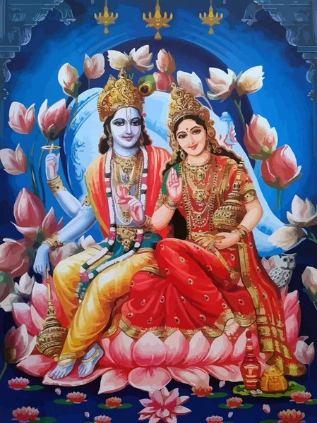 Lord Vishnu Dame Lakshmi Lotusblume Eule Wohlstand Hinduismus Mythologie Illustration — Stockfoto