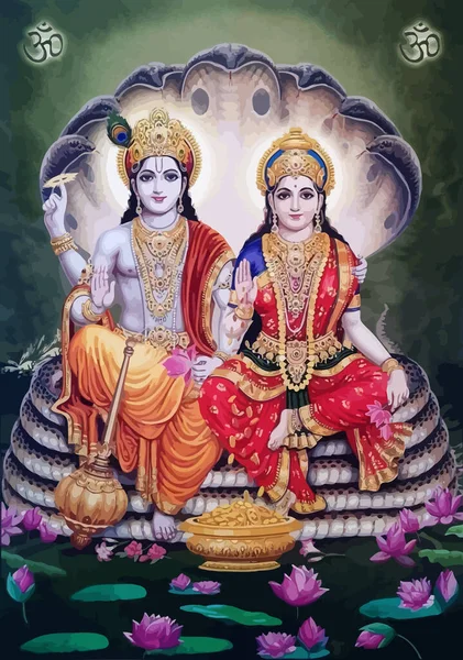 Lord Vishnu Dame Lakshmi Lotusblume Wohlstand Hinduismus Mythologie Illustration — Stockfoto