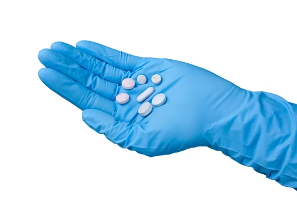 Lekarze Ręka Niebieskiej Gumowej Rękawicy Lekami Pigułki Zbliżenie — Zdjęcie stockowe