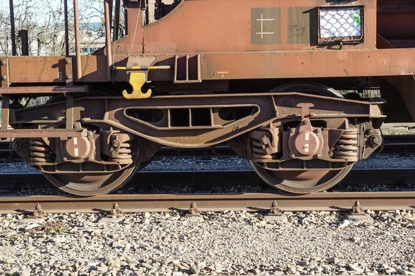 Schienengüterwagen Aus Nächster Nähe Radpaar Von Einem Güterwagen Auf Schienen — Stockfoto