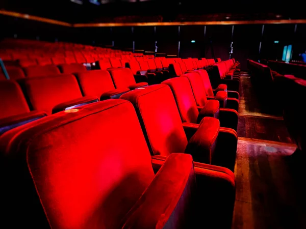 Rad Tomma Röda Sammetsfåtöljer Ett Auditorium Interiör Teater Eller Biograf — Stockfoto