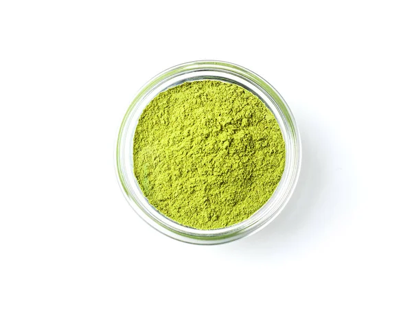 Grüner Matcha Tee Einer Kleinen Glasschüssel Auf Weißem Hintergrund Gepuderter — Stockfoto