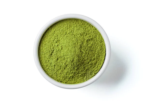 Grüner Matcha Tee Einer Kleinen Weißen Schüssel Auf Weißem Hintergrund — Stockfoto