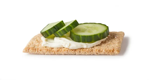 Crispbread Cream Cheese Cucumber Slices Isolated White Background — Stock Photo, Image