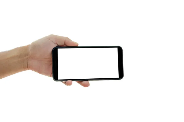 Ręczne Trzymanie Smartfona Czarny Pustym Ekranem Białym Tle Ścieżka Klipu — Zdjęcie stockowe