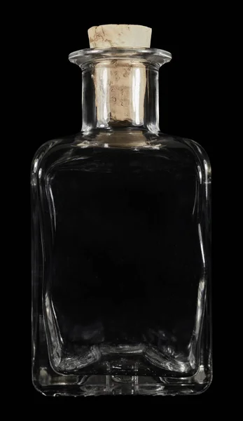 Pequeña Botella Vidrio Transparente Sobre Fondo Negro — Foto de Stock